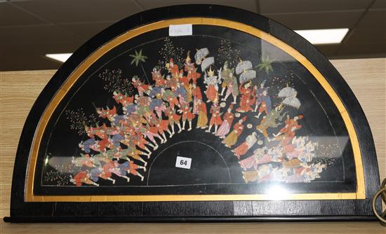 An Eastern gouache on fabric fan leaf painted with a procession of figures in display cabinet, overall 47cm by 79cm